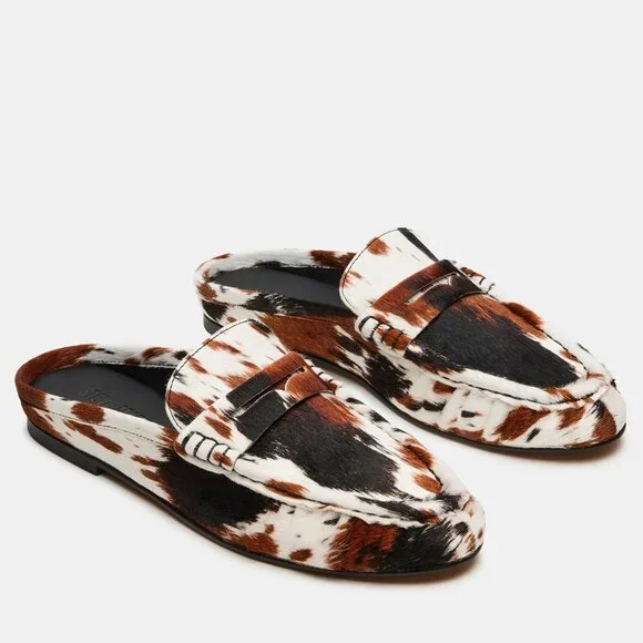 Steve Madden Rafe Penny Loafer MULES Slip On Size 6.5 Brown Cow Calf Hair EUC - Picture 4 of 16